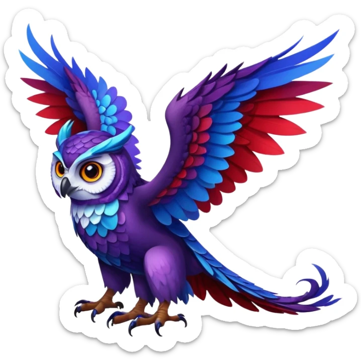 Owl dragon hybrid with wings dark purple and blue and red sticker