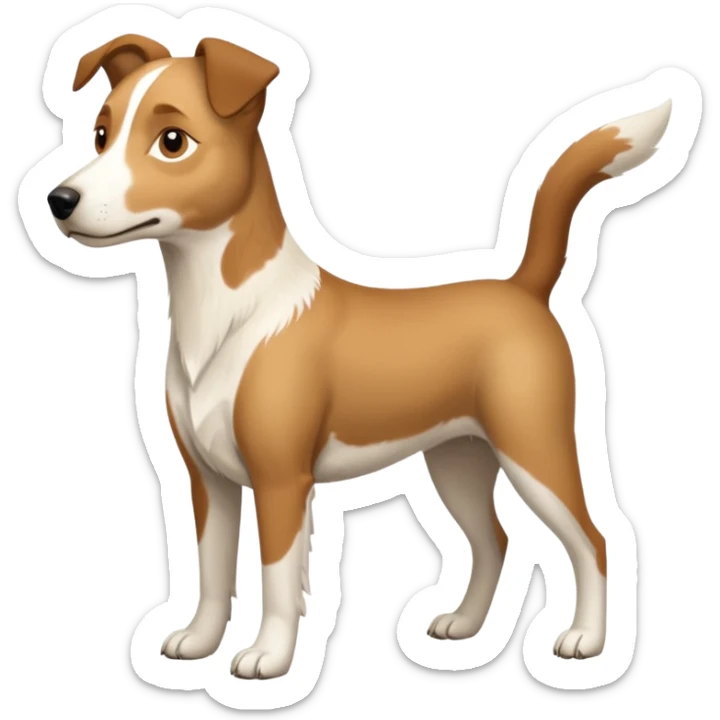 a full body large white parson russell looking dog the size of a kelpie with light brown flapped down ears and a light brown patch on one eye and a large snout sticker