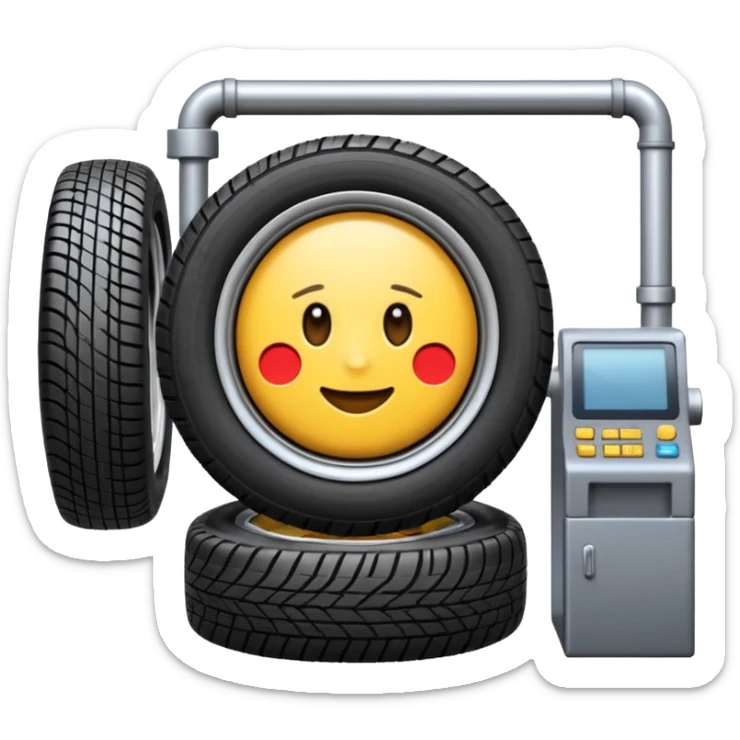 emoji of tire, inside the manufacturing factory, getting inspected by machine not by hunan, the machine is complicated  sticker