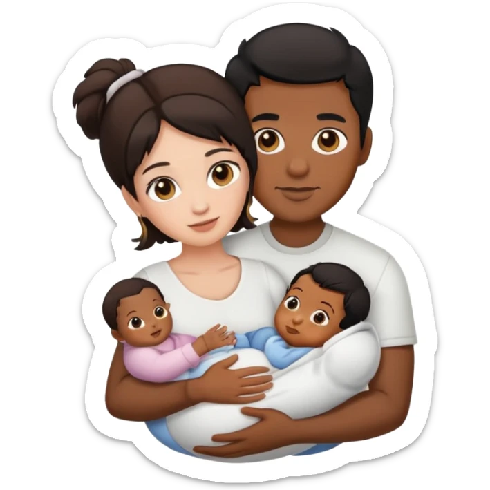Couple male with brown skin black hair and brown eyes, female with brown hair hazel eyes and white skin holding a baby sticker