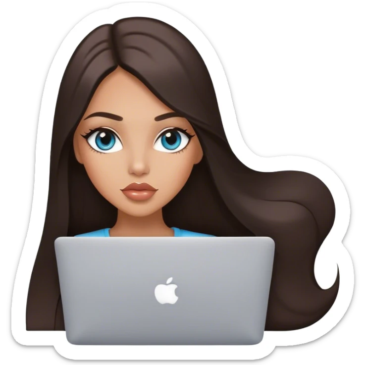 Glamours tanned very beautiful girl with pump peach lips and dark chocolate straight smooth long hair, blue-grey eyes with MacBook sticker