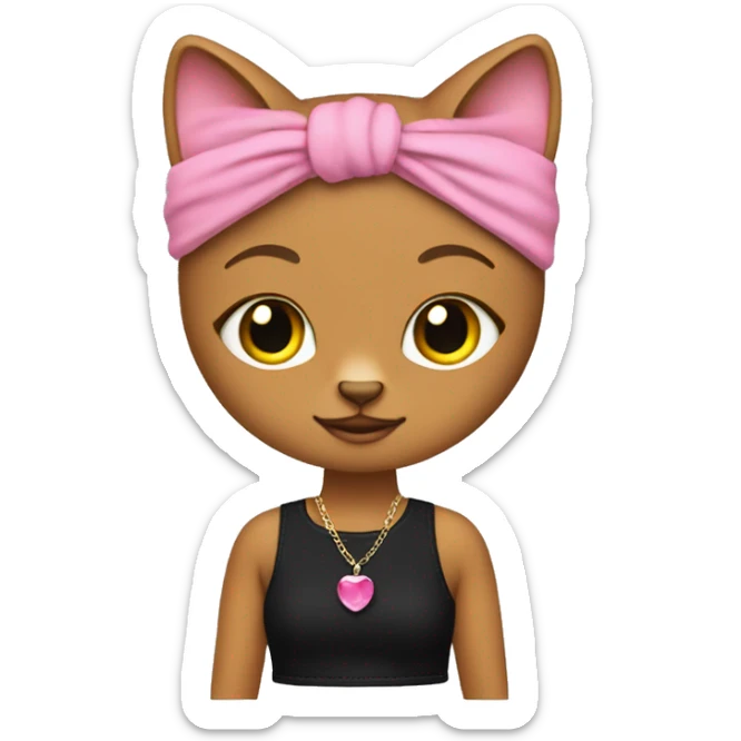 Cat with pink crop top and flared black jeans wearing earrings a neclace and a pink headband sticker