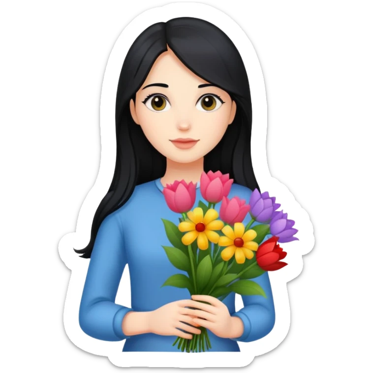 beautiful girl with long black hair holding a bouquet of flowers sticker
