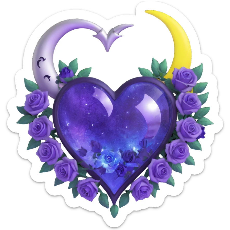 gothic heart made of frosted purple glass, silver crescent moon, glowing indigo roses, holographic stardust, neon white lightning, wet and cracked glass sticker
