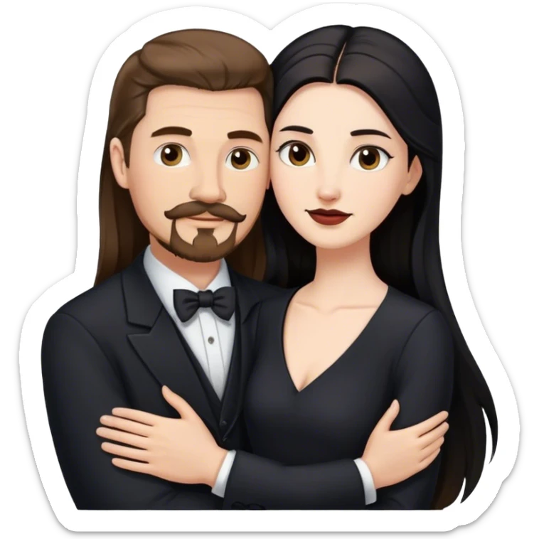 tall white man with brown hair goatee mustache hugging a pale woman with long black hair, wearing formal clothing sticker