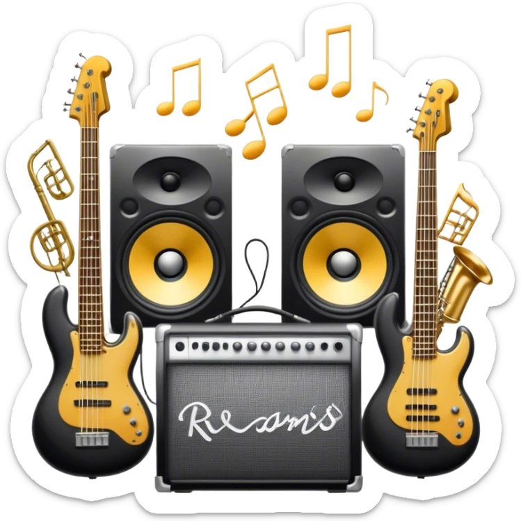 Icon for R&B Music Listening: large concert speakers and headphones with waves of musical notes coming out, along with drums, bass guitar and saxophone. The icon should convey the energetic and rhythmic vibe of R&B music. Transparent background sticker