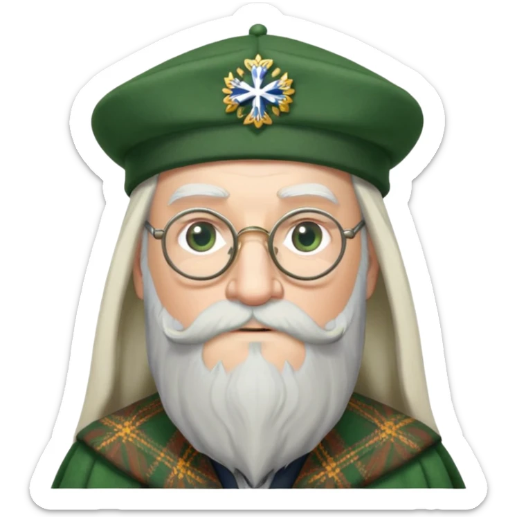 Dumbledore wear green scotland Tam o'shanter cap with decorative patterns, wear glasses, very long beard sticker