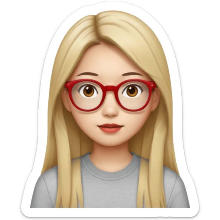 20 yr old asian woman, straight thick long brown hair, blond at tips of dark brown hair, center part to hair, big red glasses, brown eyes, casual shirt sticker