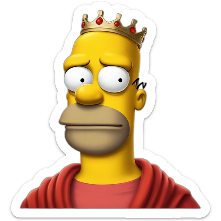 Half body portrait of homer simpson wearing a red cloth, black sunglasses and a crown and sitting in a huge thorn sticker