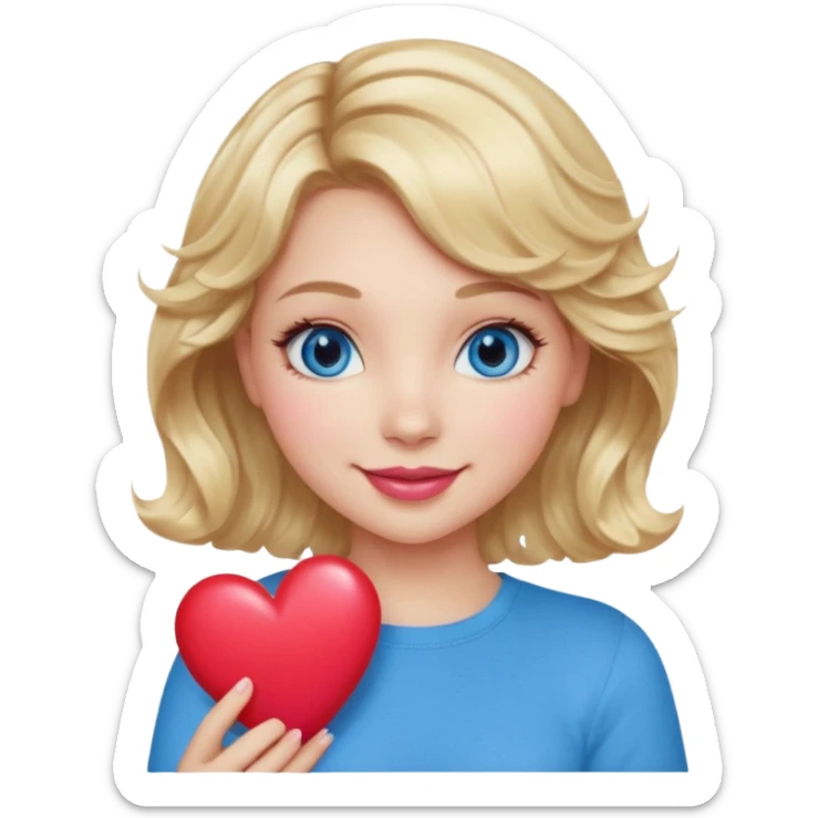 Girl Blonde short wavy hair,  blue eyes, cute blue top, long lashes, pink lips, smiling, holding a big heart sticker