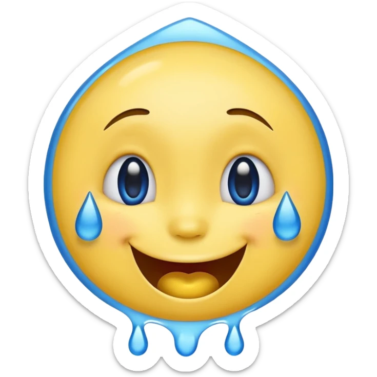 Emoji, yellow round laughing face, blue tears of joy on it. 2 big blue tears on each of the 2 cheeks sticker