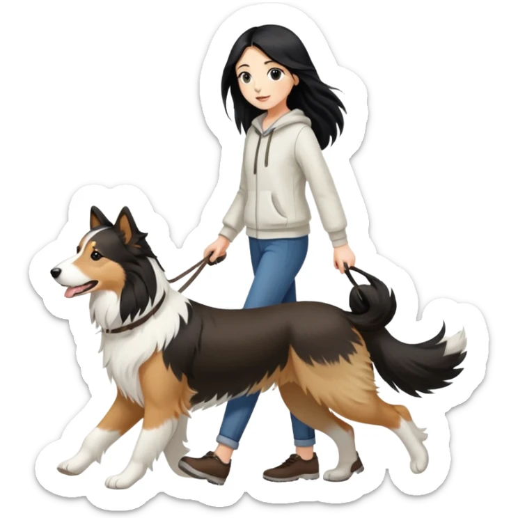 A girl with long black hair walking a white and brown collie sticker