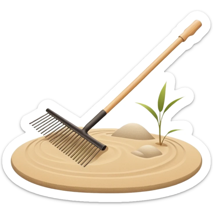 Minimalist emoji of a Japanese zen garden rake, elegant thin lines, light wood tone, sand-beige palette, flat vector style, calm and balanced aesthetic, inspired by zen tranquility, transparent background, premium minimal design sticker