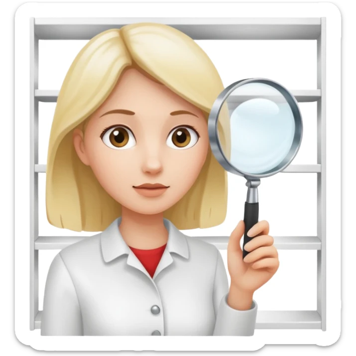 emoji of white empty shelf in perspective view with a standing woman nearby, she is looking at the shelfs with a magnifying glass sticker