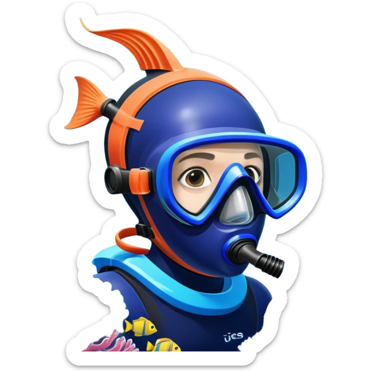 An icon featuring a close-up of a freediving mask and snorkel, with a breath-holding diver's fins, set against a vibrant underwater world. The design includes coral reefs, fish, and bubbles, symbolizing the serene beauty and thrill of freediving. Transparent background highlights the calm sticker