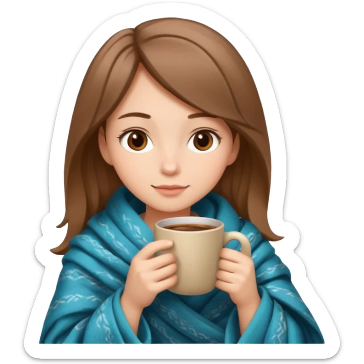 Beige Brown hair Girl drinking coffee, with a cozy blanket and book sticker