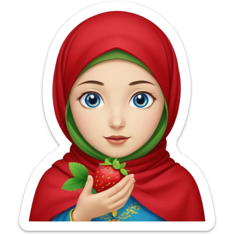Turkish beautiful finish Konya girl blue eyes with red yellow green hijab islamic dress and had on her hand strawberry  sticker