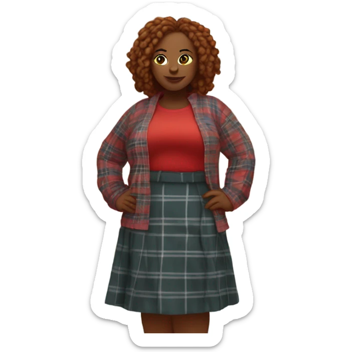 Super curvy woman is brown with red locs in a skirt with plaid sweater at yard sale sticker