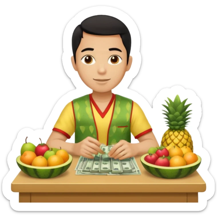 chico piel clara pelo negro con ropa de frutero sentado en una mesa contando mucho dinero sticker