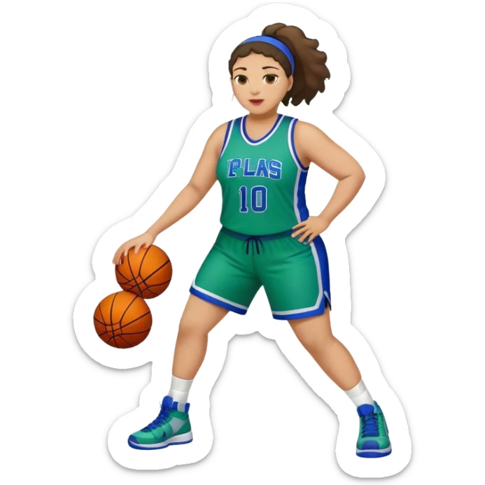 Full Body light skin Latino plus size women basketball player wearing blue and green uniform sticker