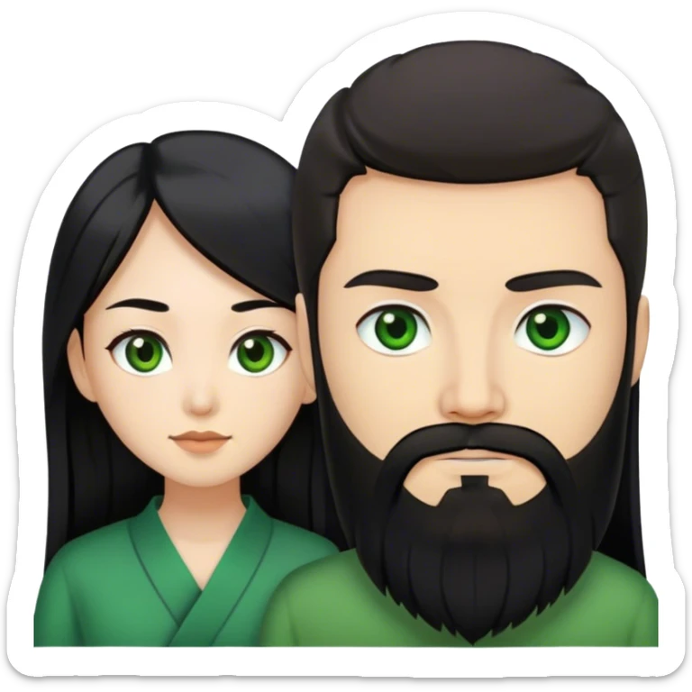 Asian woman with black long hair, brown eyes together with a white guy who has black beard, green eyes  sticker