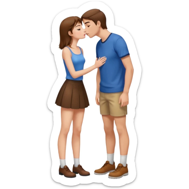 A naked girl with brown hair and bare small breasts openly kisses a tall guy with brown hair full-length on the lips. she is with naked boobs She is wearing a very short skirt and is in full height. sticker