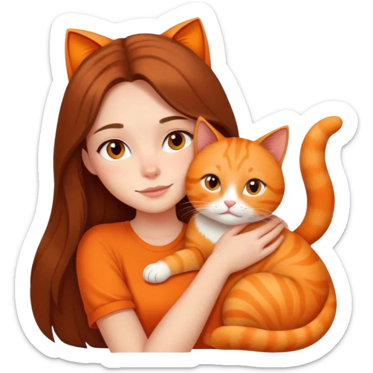 a pretty girl with long brunette hair was cuddling an orange cat. sticker