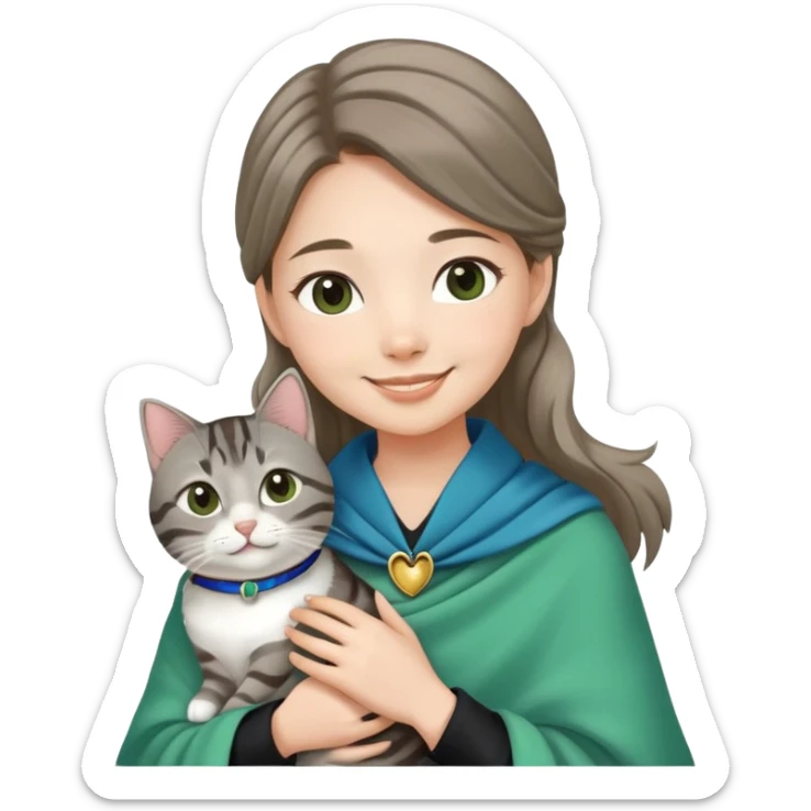Asian White girl wearing cute green shawl holding a black grey tabby cat while smiling. The cat is wearing a blue collar sticker