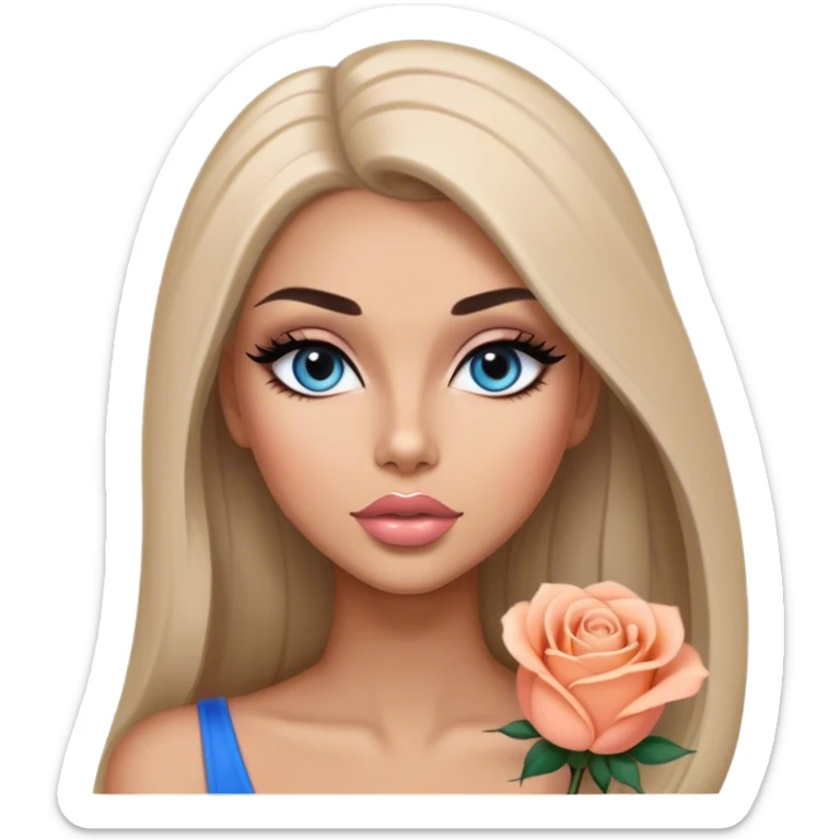Glamours, tanned, very beautiful girl, with big pump peach-beige-rose lips, long long lashes, black straight smooth silky long hair, straight parting hair, blue-grey eyes sticker