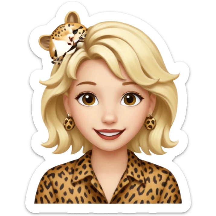 Une fille blonde et joyeuse. Elle porte une coiffure rock et originale avec 3 pinces pour cheveux  léopard et motif peau de vache. sticker