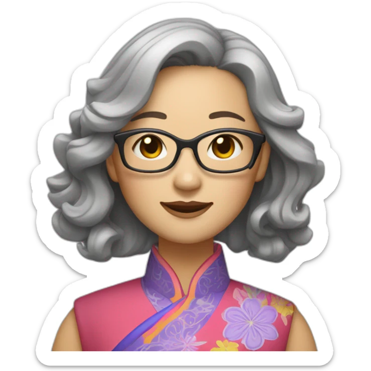 Chinese lady with like Lai gray hair wavy hair to the shoulder length where Chinese dress colourful dress wear glasses sticker