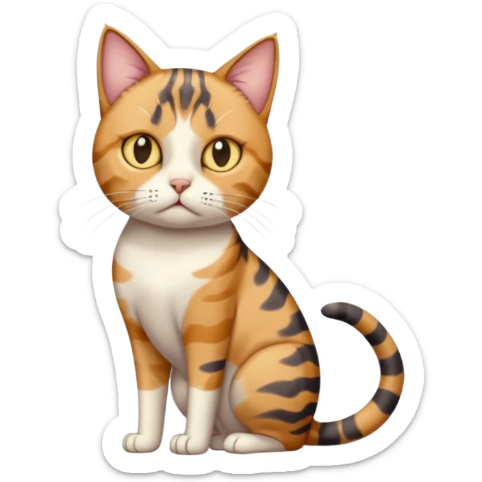 full body calico tabby cat with skinny head and fat body with an anxious face sticker