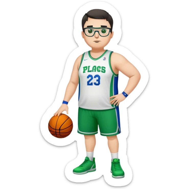 Full Body plus size white male with dark short hair basketball player wearing glasses wearing blue green uniform sticker