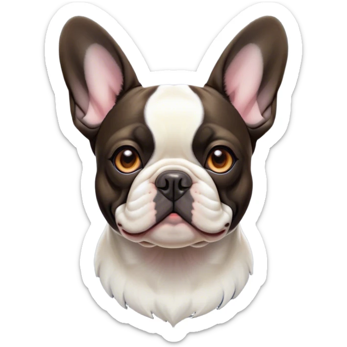 Cinematic Noble Pied French Bulldog Portrait Emoji, Radiating regal yet playful charm, with a distinctive pied fur of contrasting hues and a sculpted, expressive face featuring gentle, wise eyes and a confident stance, simplified yet artistically detailed, glowing with a soft, sophisticated radiance, high shine, exuding intelligent nobility and refined flair, soft glowing outline, capturing the essence of a noble Pied French Bulldog that embodies both strength and grace! sticker