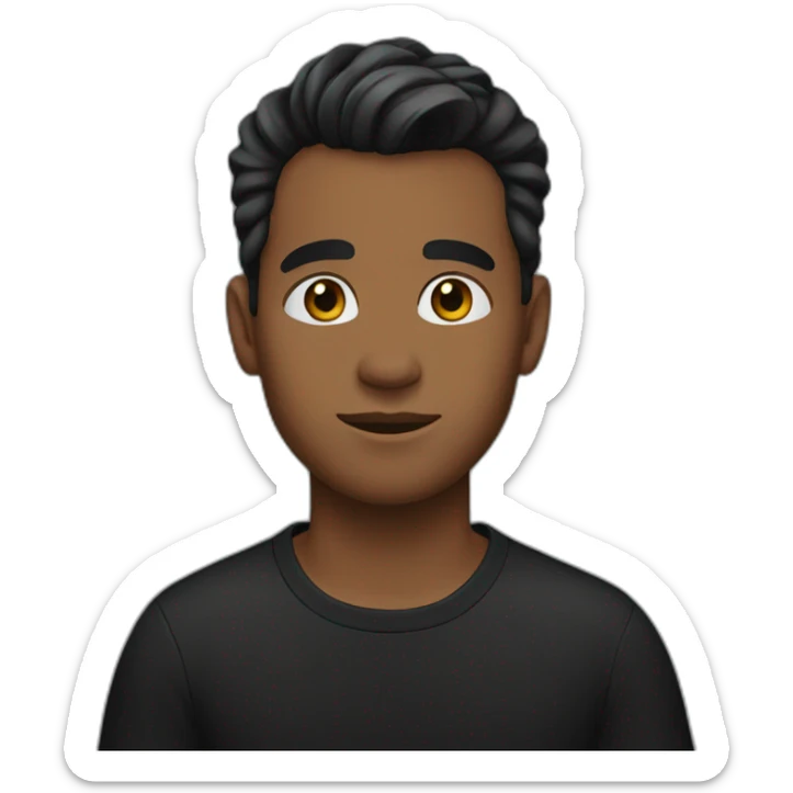A young man with brown skin, hair tied up, and wearing a black shirt sticker
