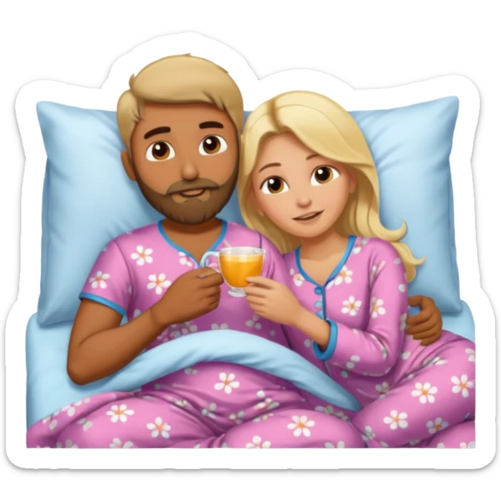 Naked bald Indian man with a beard in bed spooning naked blonde woman sticker