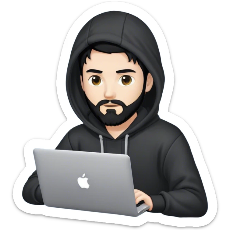 hackeur blanc cheveux noir barbe et capuche noir avec un macbook sticker