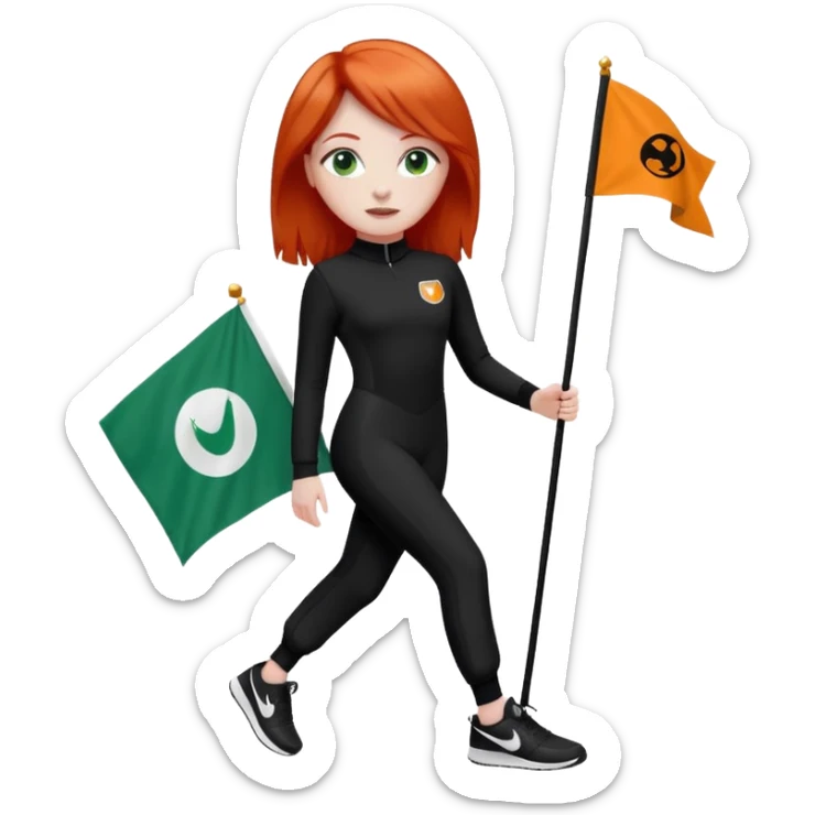 white girl wearing orange cameo trousers and along sleeve high neck black bodysuit with black and white Nike trainers. she has red hair and bluey green eyes and is holding flag with her logo on  sticker