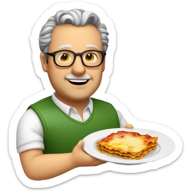 fat middle aged italian man with grey comb-back hair and glasses holding a plate of lasagna sticker