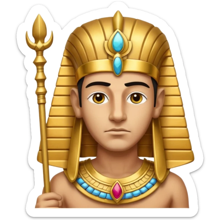 A regal pharaoh with golden headdress, calm stern eyes, and holding a crook and flail with authority.
 sticker