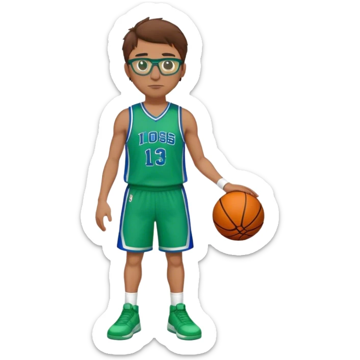 full body brown hair white male basketball player wearing glasses in blue an green uniform sticker