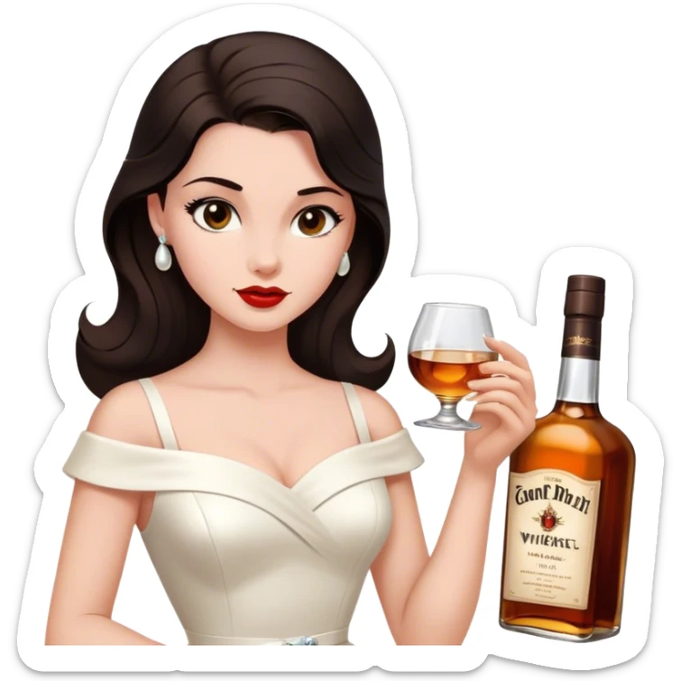 Beautiful woman in 1950’s woman fashion look, white dress, long dark brown hair, whisky with ice sticker