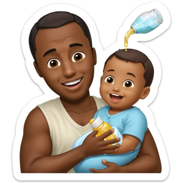 Sean “Diddy” Combs with baby oil and a very small infant and he’s pouring the baby oil on the infant that is laughing with a very exaggerated expression sticker