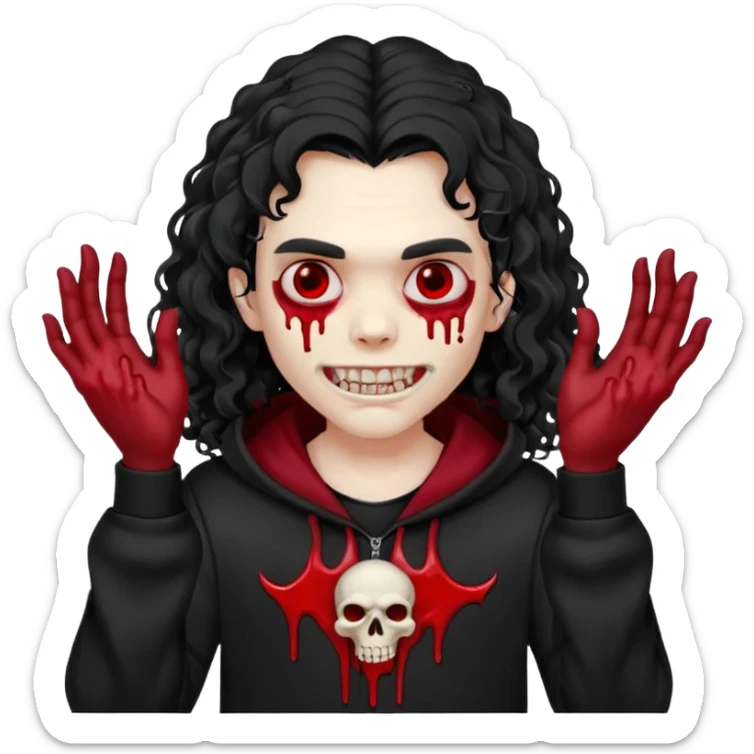Vampire wearing a black hoodie with a skull logo on it, long curly hair that covers the forehead, fanged teeth and blood on hands sticker