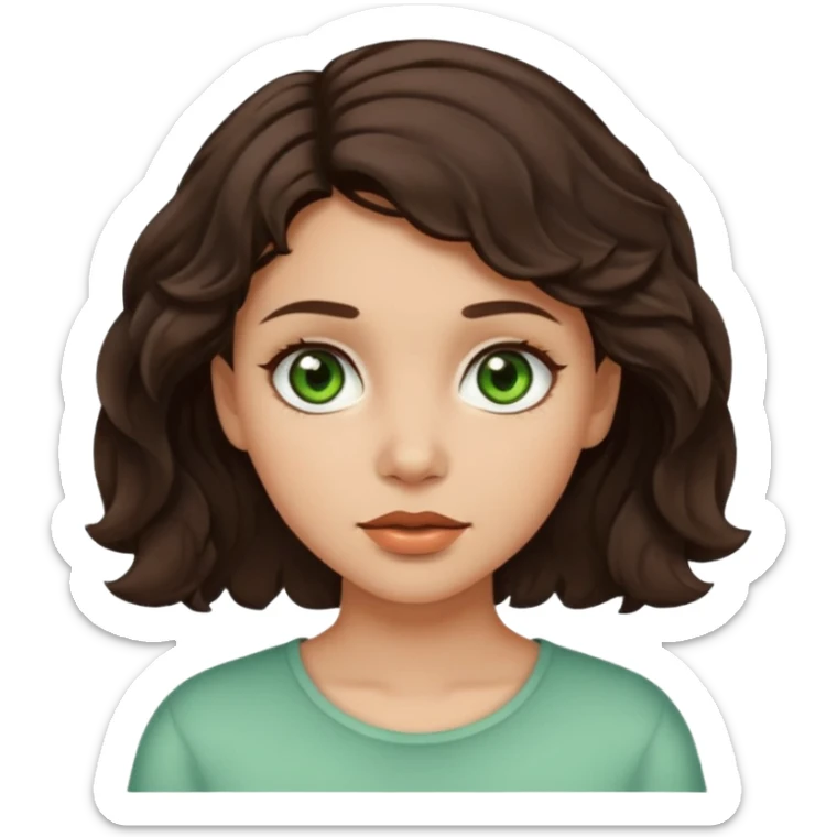 A girl with light skin, short dark brown wavy hair and brown with a little green eyes sticker