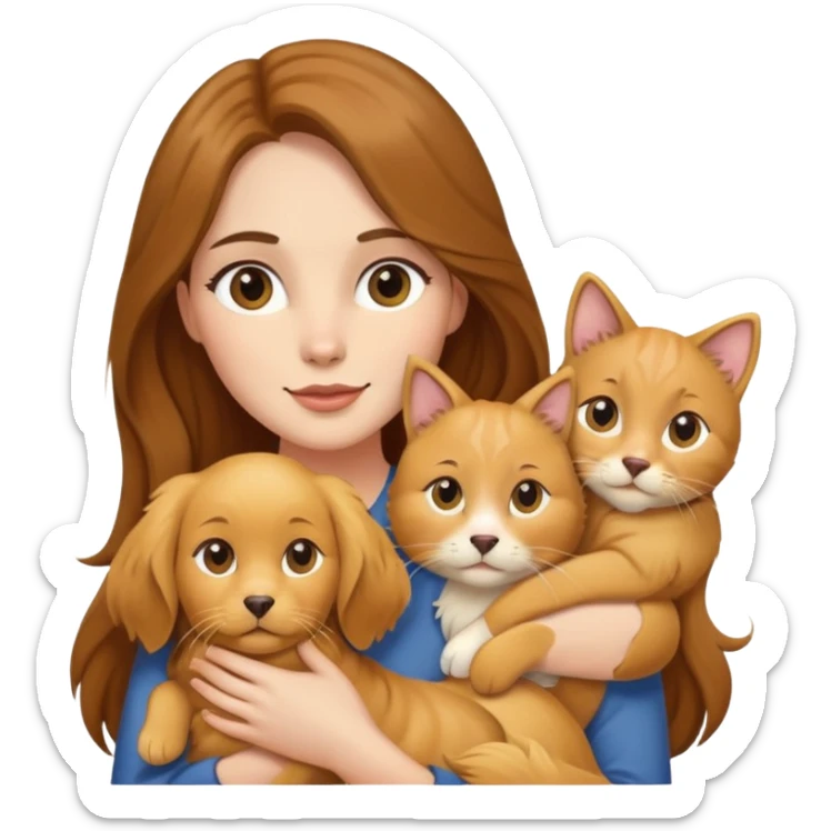 Woman with long brown hair holding a golden retriever dog and three cats sticker