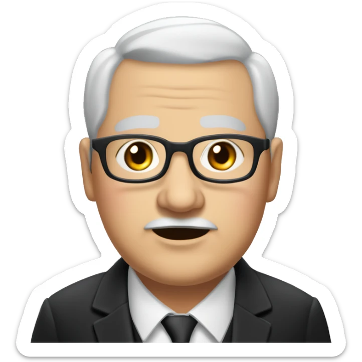 Chubby man of about 60 years with grey hair and a bald shin. Small round glasses, dark eyes and a double chin. Chubby pointed nose. He wears a black suit with waistcoat, jacket and tie. sticker