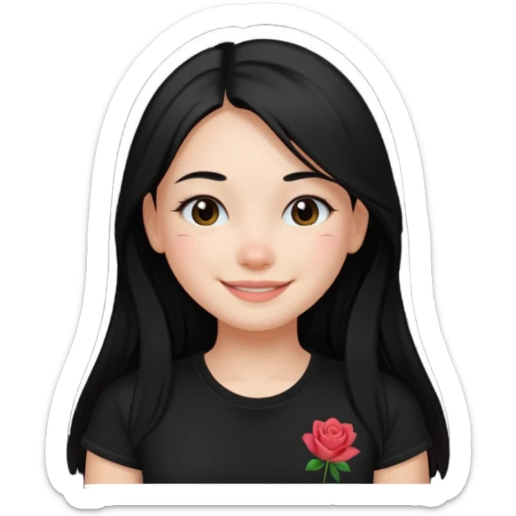 a pretty bratz fair girl with straight long black hair, wearing a black tshirt, smiling sticker
