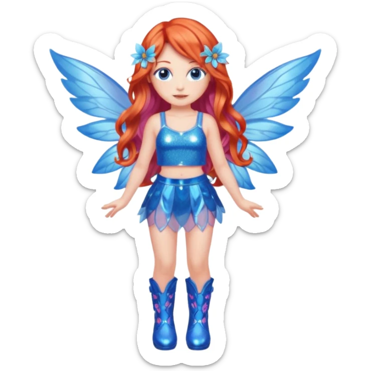 Bloom’s season 1 fairy form features long wavy red-orange hair, blue eyes, a sparkly blue crop top and mini skirt, translucent pink and blue wings and high blue boots  sticker