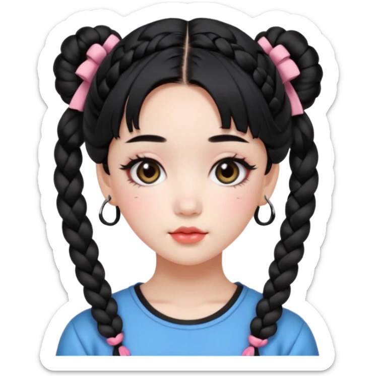 a beautiful girl face, wearing cute korean makeup, black hair, lower braided space buns with cute front bangs, kpop idol sticker